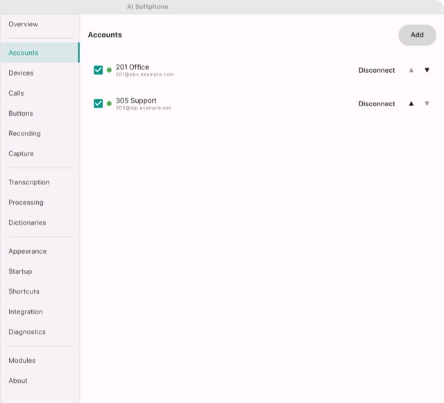 Settings → Accounts: two accounts, both registered