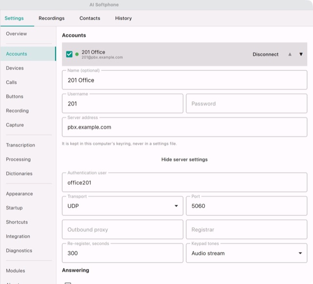 The server settings of an account, expanded
