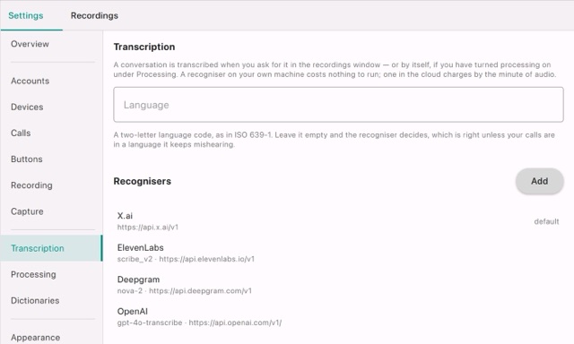 Settings → Transcription: the language and four recognisers