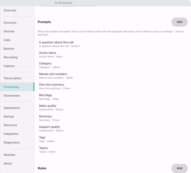 Settings → Processing: the prompts